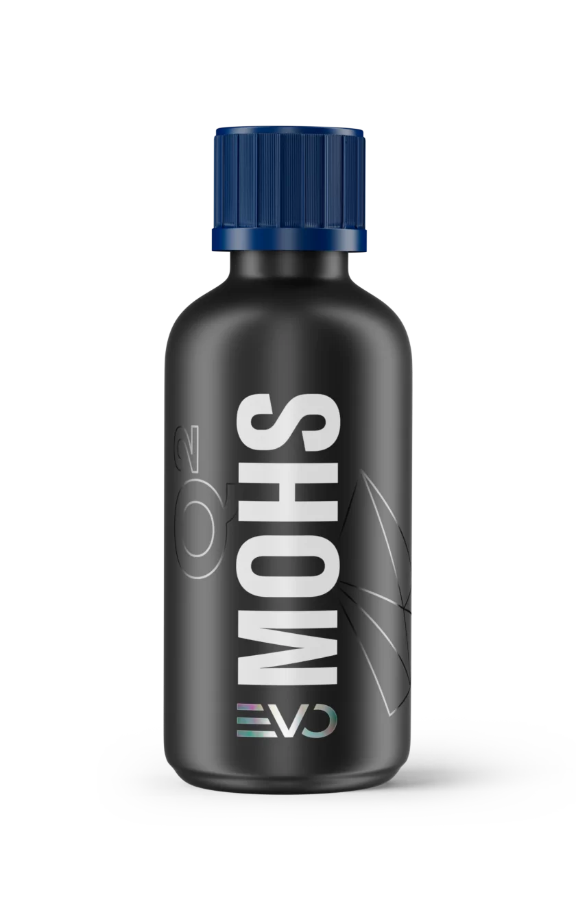 Black bottle with blue cap labeled 'MOHS EVO' on a white background